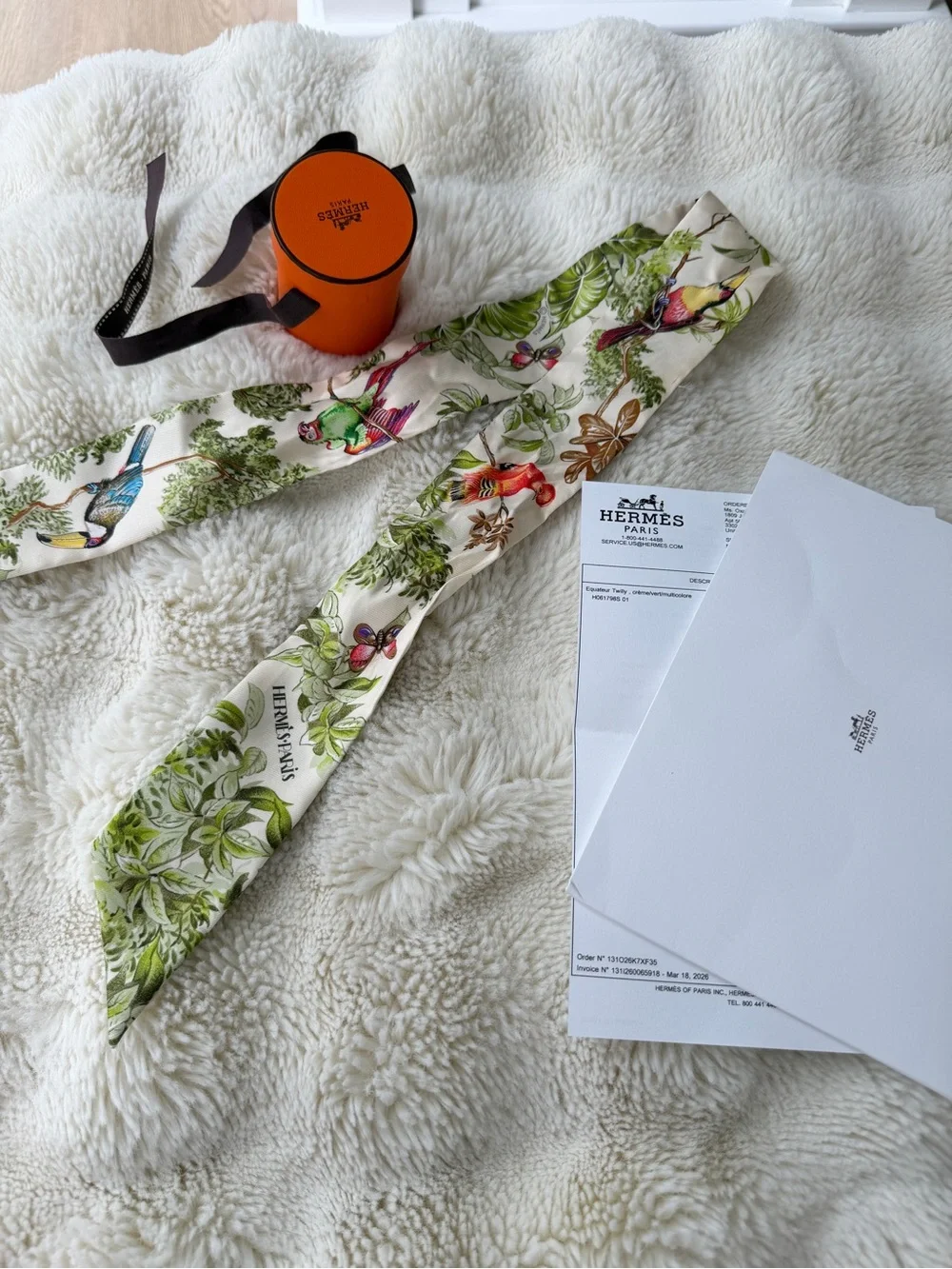 Hermes Equateur yellow Bird Print Silk Twilly Scarf
